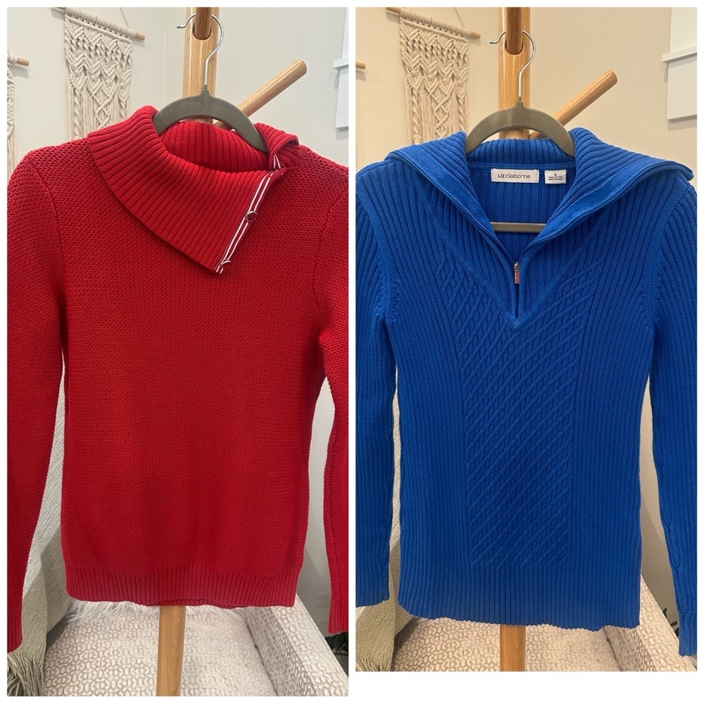 Liz Claiborne Cotton Sweater Bundle | Red Button Collar + Blue Zip Neck, Small